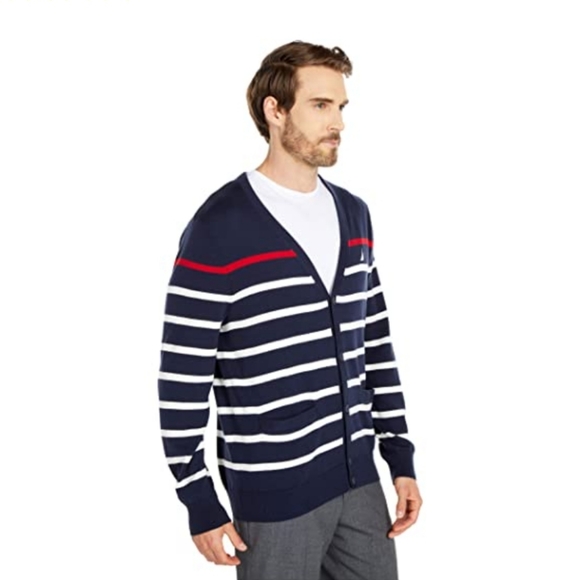 NÁUTICA Men Striped V-neck Button Cardigan Sweater - Picture 4 of 6